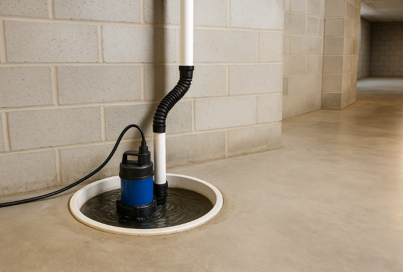 Sump pump preventing basement flooding in South Jersey home